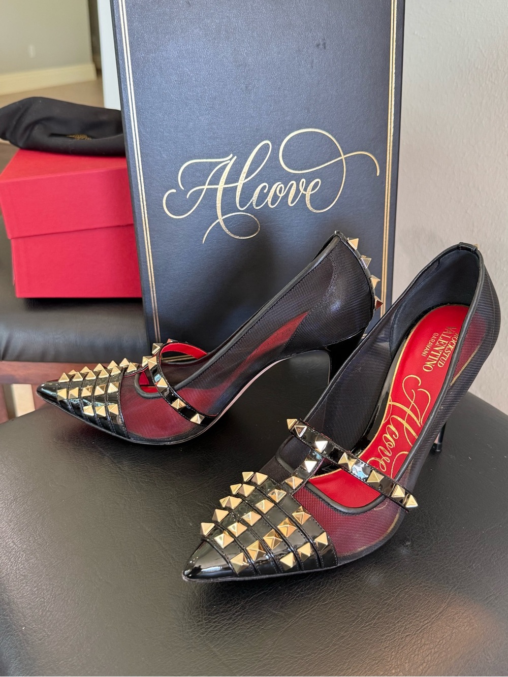 Authentic Valentino “Rock Stud” Alcove- Black Mesh Pointed